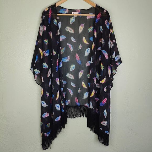 Xhilaration Boho Rainbow Color way Feather Print Open Front Cardigan - Picture 2 of 6